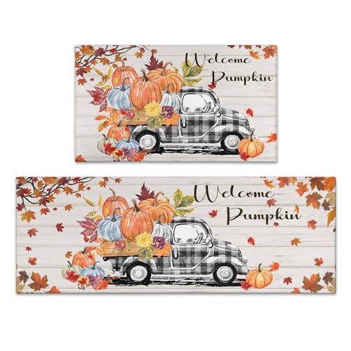 Autumn Pumpkin Welcome Mat Set of 2 - Rectangular Fall Kitchen Rugs 1'5" x 3'11"