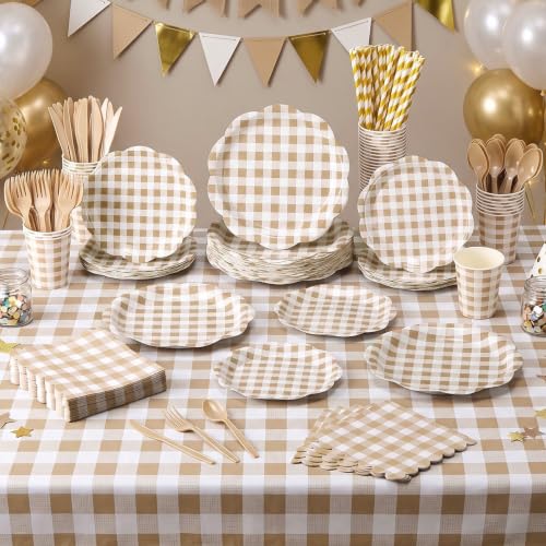 Gingham Party Supplies Set - Brown and Beige Disposable Plates Napkins Cups Cutlery & Tablecloth - 452 Pieces