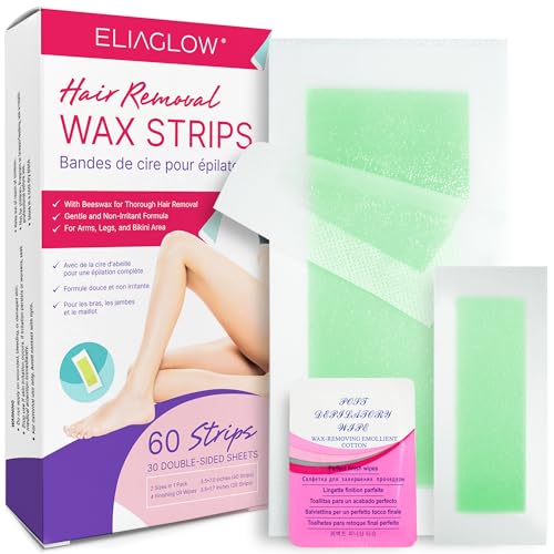 60 PCS Wax Strips for Hair Removal: 40 Body & 20 Facial Hair Removal for Women - Waxing Kit for Women, Face, Eyebrow, Arms, Legs, Chest, Back, Bikini/Brazilian Waxing Strips & 4 Calming Oil Wipes