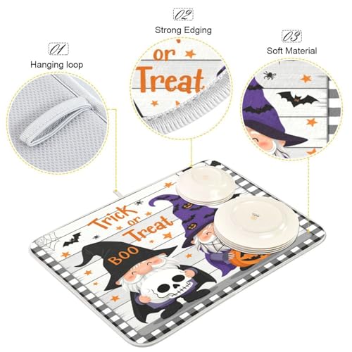 Halloween Gnome Dish Drying Mat - 16x18 Inch Microfiber Kitchen Counter Pad - Festive Pumpkin Skull Design