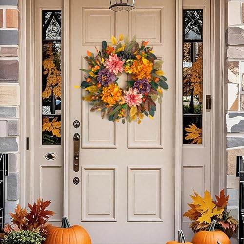 24 Inch Autumn Front Door Wreath with Artificial Flowers and Pumpkins