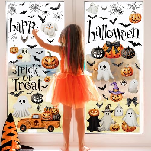 Halloween Pumpkin Window Clings - Spooky Ghost Bats Spiders Decals for Home & Party Decor, 9 Sheets