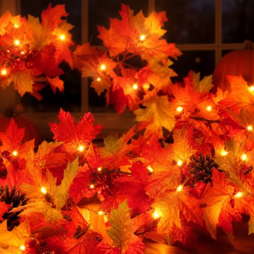 Lush Fall Garland with Pinecones Berries and Lights - 108 Inches, Connectable, UL Certified