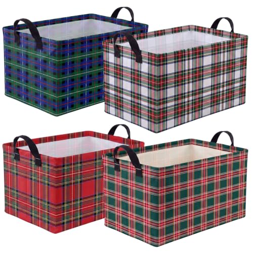 Christmas Plaid Storage Baskets Set - Collapsible Gift Bins with Handles - 4 Styles, Durable Waterproof Polyester