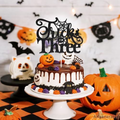 Halloween Themed 3rd Birthday Cake Topper Trick or Three Decorations Black Glitter