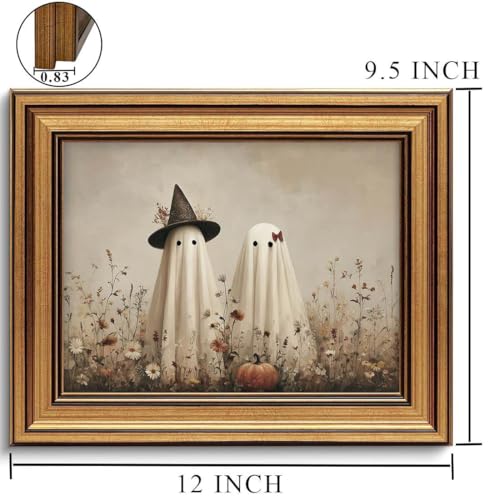 Halloween Wall Art Canvas - Gold Framed Ghost Decor, 12x9.5 Inches - Multi C