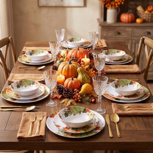 Pumpkin Fall Melamine Dinnerware Set for 4 - Service for 4, Plates & Bowls