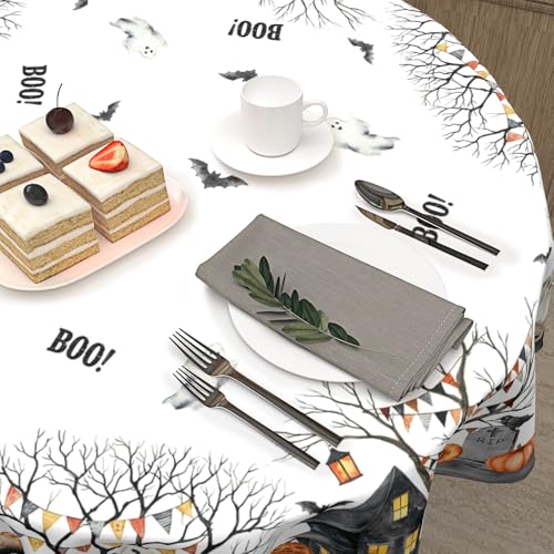 Halloween Round Tablecloth 60 Inch - White Ghost Design, Orange Black Variations