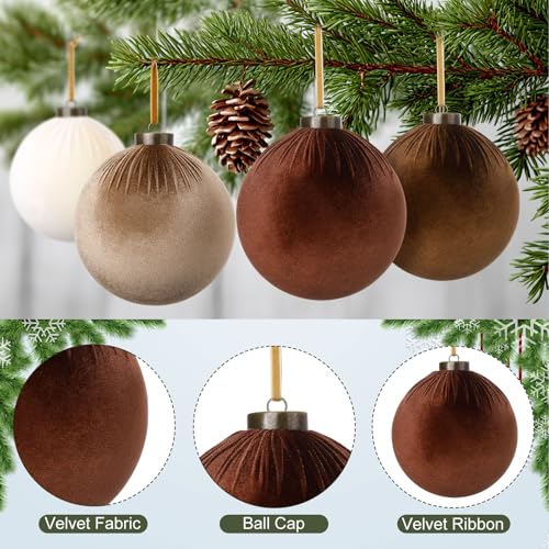 Large Brown Velvet Christmas Balls - 6 Inch Flocked Ornaments, Set of 12