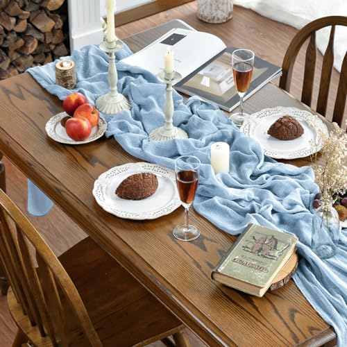 120-Inch 3-Piece Boho Ice Blue Gauze Wedding Table Runner - Seasonal Kitchen Decor