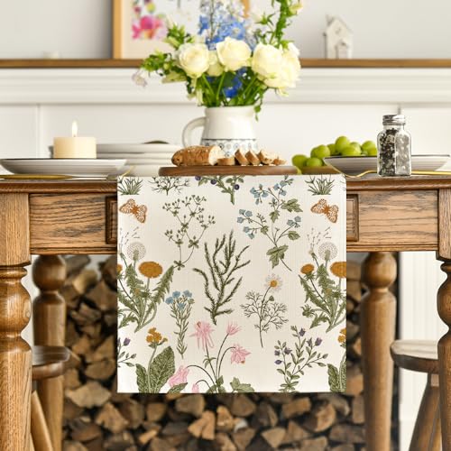 Wildflowers Floral Table Runner 13x90 Inch Beige for Kitchen & Dining