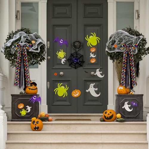 Halloween Skull & Pumpkin Large Wreath Bow - Web Pattern, Multi-Ribbon, Indoor Outdoor Decor - Variation of THIS listing