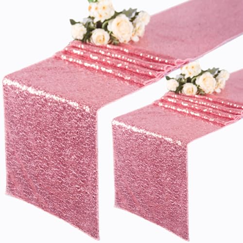 Sequin Table Runner 12x108 Inches Pink Glitter Overlay for Wedding Party - Pack of 2