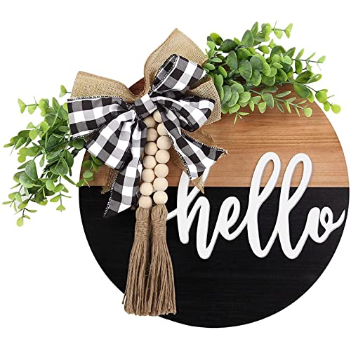 Hello Door Wreath for Front Door - Spring Farmhouse Decor, 13 Inch Black Brown