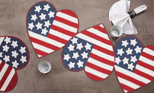 Beaded Table Runner 13x36 Inch Heart Flag Design Patriotic Decor - White Red Blue Variation