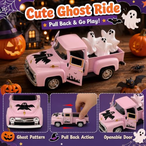 Pink Ghost Truck Halloween Figurine Set with Removable Mini Ghosts - Indoor Decor