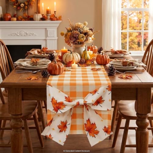 Fall Table Runner Orange Plaid Decor with Bowknot 13'' x 60'' - Autumn Harvest Thanksgiving Halloween