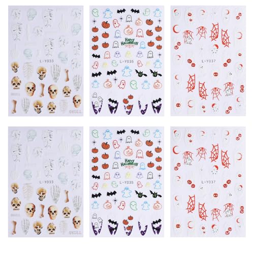 Halloween Ghost Skull Nail Stickers - 6 Sheets Self Adhesive Nail Art Decals - Ghost & Pumpkin Designs (Variation: Ghost Skull-6)