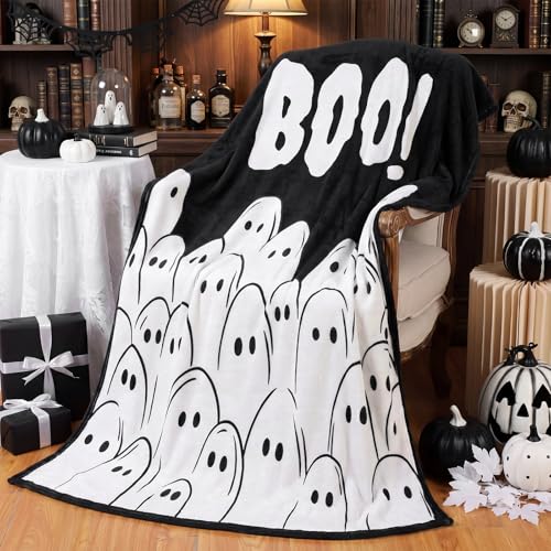 Halloween Ghost Throw Blanket - Black White Flannel Fleece, 50x60 Inches - Variation of Ghost