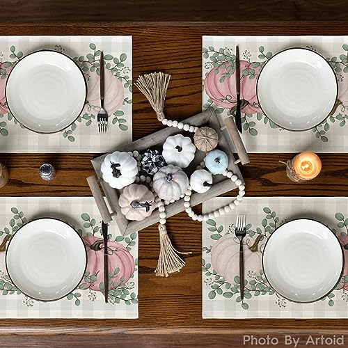Pink Pumpkin Eucalyptus Fall Placemats Set of 4 - 12 x 18 Inch Rectangular