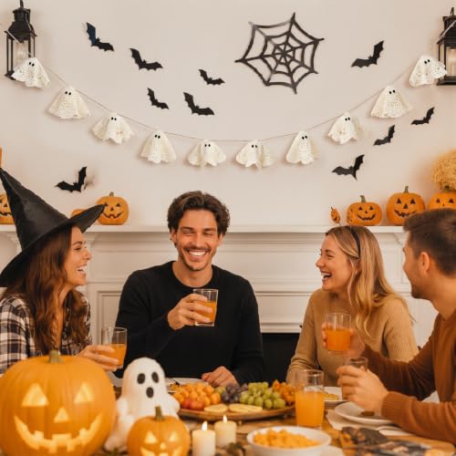 Halloween Ghost Garland 6.5 ft Lace Crochet Decorations for Autumn & Party