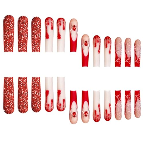 Halloween Press On Nails Long Square with Spider Web Rhinestone Set - Variation 26