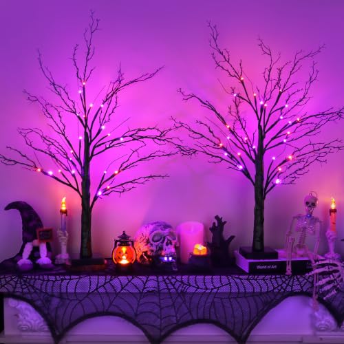 Halloween Spooky Black Tabletop Tree Set - 24 Inch LED Indoor Decor with Timer & USB/Battery - Style 2