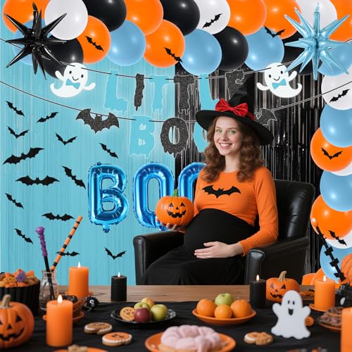 Blue Halloween Baby Shower Decorations Set with Banners Balloons & Stickers - Little Boo