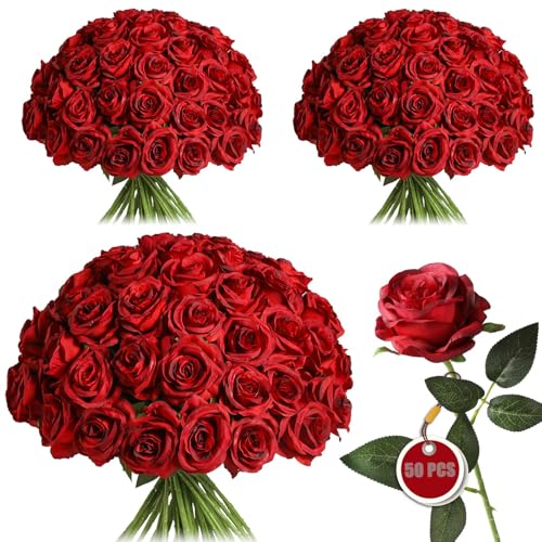 Artificial Silk Roses Bulk Bouquet - Burgundy, 50 Long Stem Fake Flowers for Wedding & Home Decor