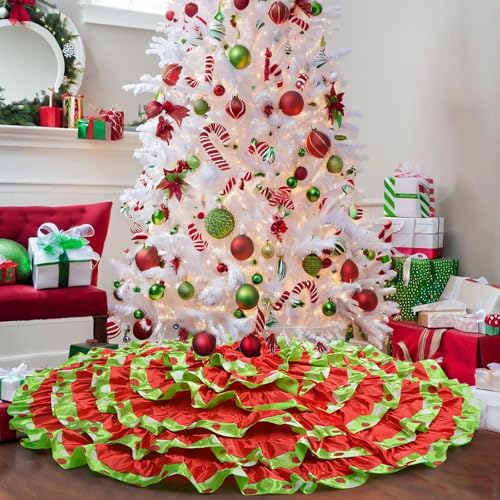 Green and Red Christmas Tree Skirt 48 Inch Ruffle Polka Dots for 6-7.5 FT Trees - Holiday Decor