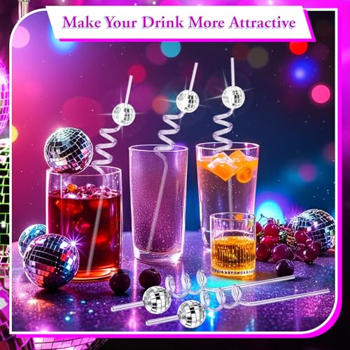 50 Pcs Disco Ball Straws Reusable Retro Mini Ball Decor for Parties