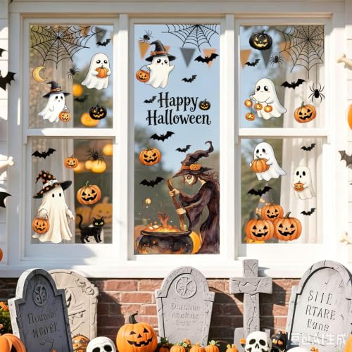 Halloween Window Clings Decorations - Ghost Pumpkin Variation, Reusable PVC Stickers