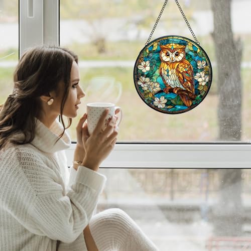 7.9-Inch Stained Glass Owl Sun Catcher with Metal Frame for Windows & Walls - Indoor Decor