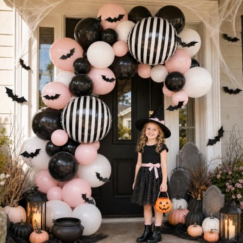 Pink Black White Stripe Halloween Balloons Set with 3D Bat Stickers - 35 pcs