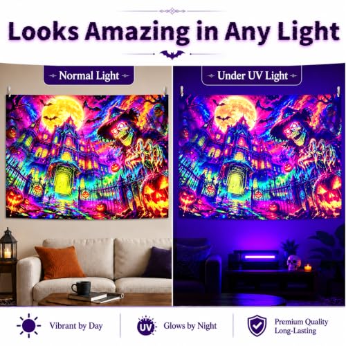 Halloween Skeleton Manor Blacklight Tapestry - 90x70 Inches Glow-in-The-Dark Wall Hanging