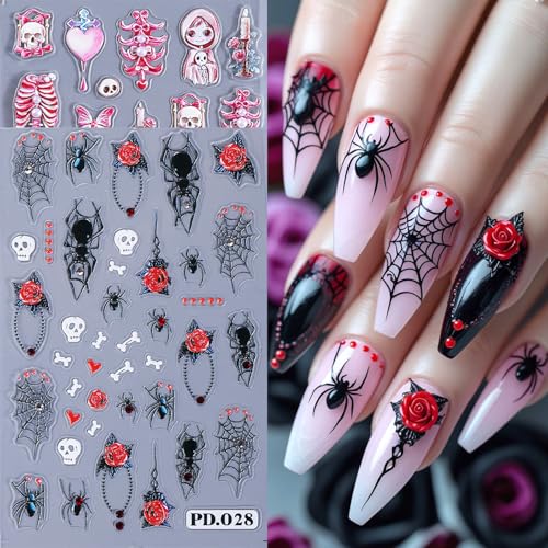 Halloween Nail Art Stickers 2 Sheets 5D Embossed Skeleton Heart Spider Web Decals