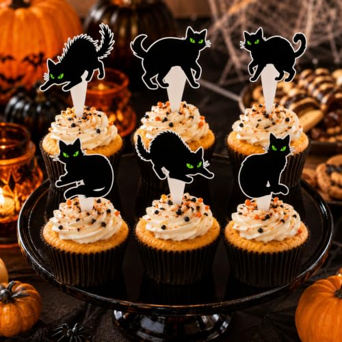 Halloween Black Cat Cupcake Topper - Green Eyes, Reusable, 36 Pack - Variation: Black Cat