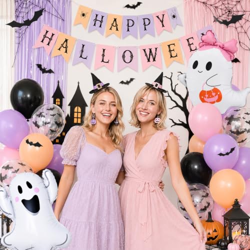 Pink and Purple Halloween Balloons Set - Ghost, Bat & Latex Decorations, 32 Pieces