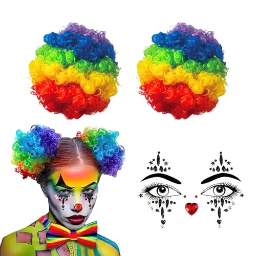 Rainbow Clown Wig Set with Face Gems - 2 Pcs Afro Puff Bow Extensions for Cosplay & Parade