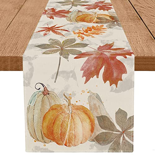 Fall Table Runner Pumpkin Maple Leaf Watercolor 13x72 Inch Seasonal Autumn Dining Decor - GAGEC