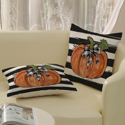 Watercolor Pumpkin Fall Pillow Covers Set of 2 22x22 Inches Black Stripes Halloween Decor