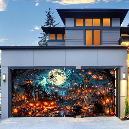Halloween Garage Door Decor Banner - Spooky Haunted House Pumpkin Witch Moon - 8x7 FT - Outdoor Halloween Decoration