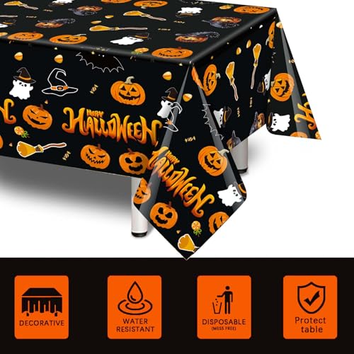 Halloween Tablecloth Rectangle 54x108 Inches - Black Disposable Plastic Cover - 3 Pack - Spooky Pumpkin Ghost Decor Variation