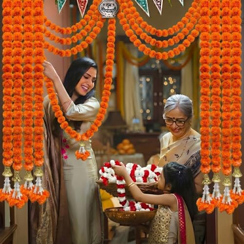 Marigold Garland with Bell - Dark Orange 5 Pack 5 Feet Long Diwali Decorations