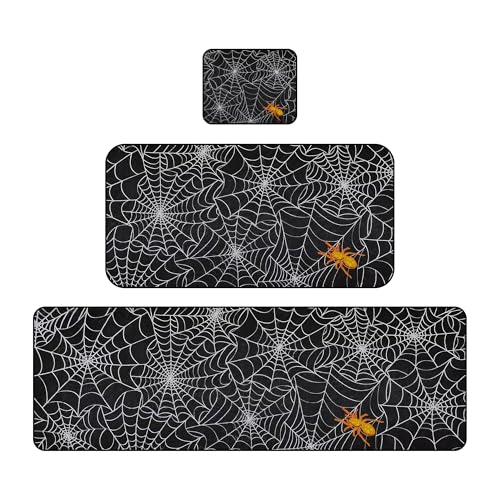 Halloween Kitchen Rugs Set - Non-Slip Washable Holiday Mat with Mouse Pad, Spider Web Design