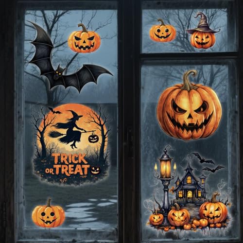 Halloween Window Clings Set - 16 Vinyl Stickers for Fall Party Home Decor