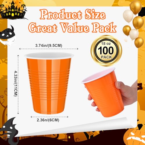 Disposable Plastic Cups 18oz - Orange Party Cups for Halloween & Events - 100 Pack