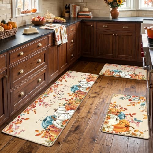 Fall Pumpkin Kitchen Mat Set - Autumn Fall Kitchen Rugs, 3-Piece with Non-Slip Backing