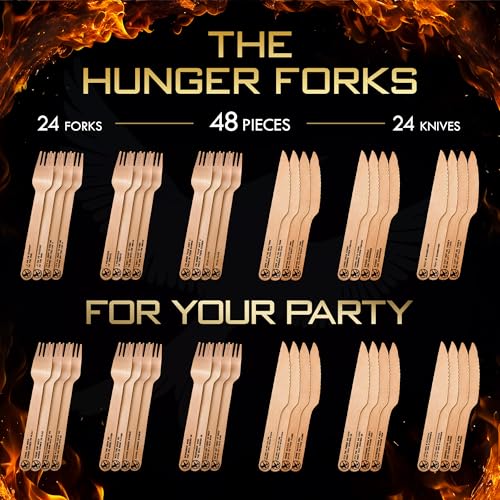 Eco-Friendly Disposable Wooden Cutlery Set with Hunger Games Quotes - 48pcs for Parties