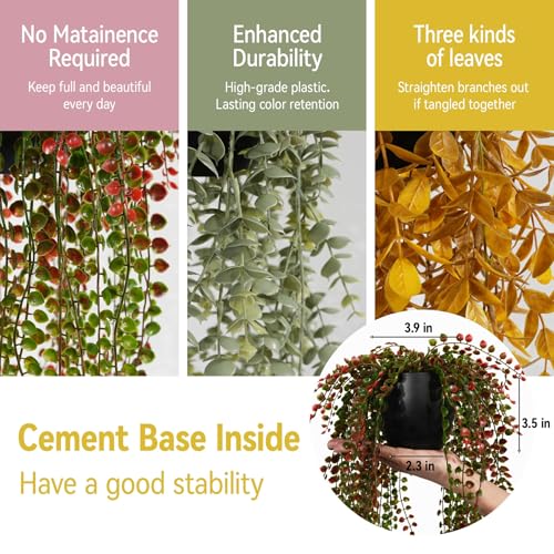 Artificial Hanging Plants with Black Pots - Fall Decor Set of 3 - Detachable Twines